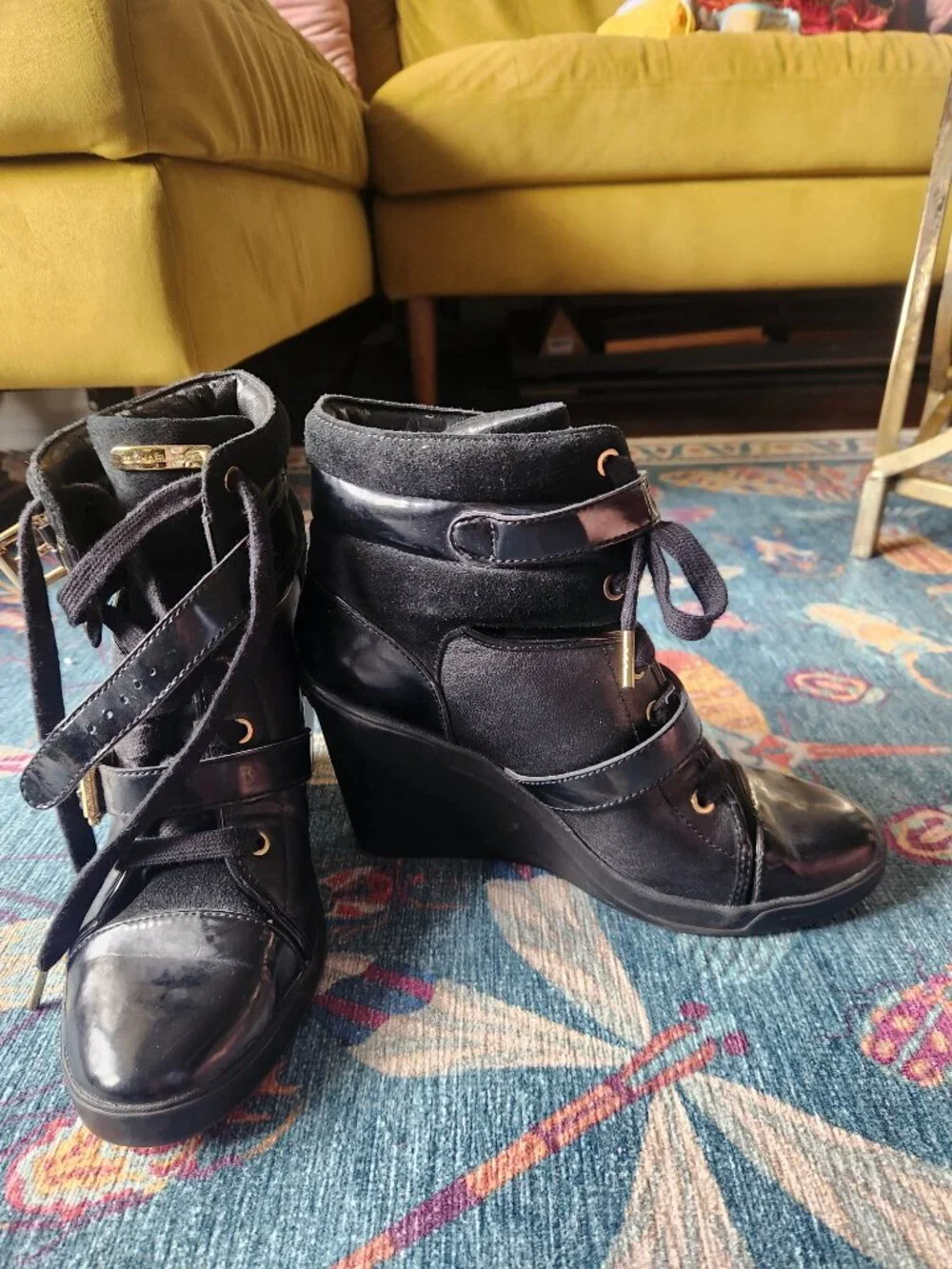 Michael Kors Black Wedge Booties Size 10 Lace Up Buckles Gold